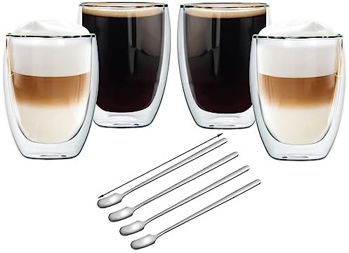 Vkzylife Latte Macchiato Gläser Doppelwandige Gläser aus Borosilikatglas Set aus Borosilikatglas,Cappuccino Kaffeetassen 450 ml + 4 Spoons Sätze (4 pcs)