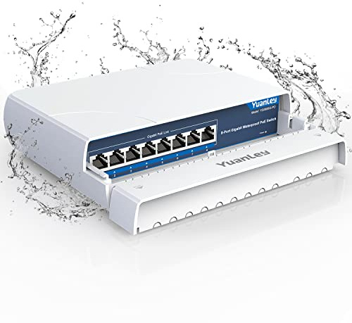 YuanLey 8-Port PoE Switch Gigabit- Waterproof Outdoor Ethernet Unmanaged Network Switch 1000Mbps, 120W Built-in Power, IEEE802.3af/at Support and Plug & Play, Ideal for Outdoor Use
