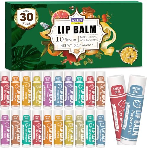 AZEN 30 Pack Lip Balm, Natural Lip Balm Bulk, Lip Care Product, Moisturizing Lip Balms for dry cracked lips, Mothers Day Gifts Easter Basket Stuffers - 10 Flavors