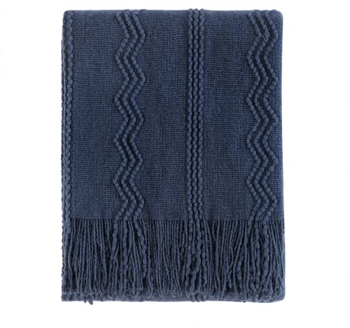 BOURINA Textured Solid Soft Sofa Throw Couch Cover Knitted Decorative Blanket,Navy, 127x228cm