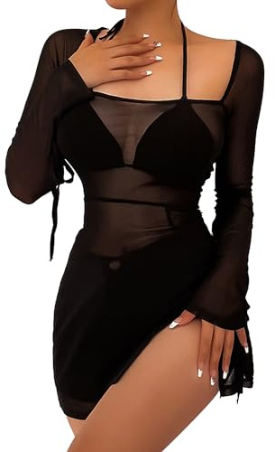 Hanaoops Strandöverdrag Dam Havet Strand Klänning Sexig Transparent Mini Klänning Med Långa Ärmar Sommar Slits Bikini Cover Up Kort Svart Tulle Klänning Klubb Baddräkt