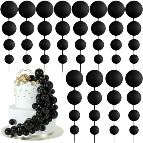 BOUBONI 48 Pcs Balls Cake Topper Decorations Balloon Cupcake Toppers Foam Cake Topper Balls Cake Balls Decorations for Birthday Party Wedding Anniversary Cake Decorating (Black)