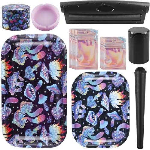 Rolling Tray & Grinder Set, 24 Set Drehtablett Grinder Tubes Papers, 27 x 16 cm Blechtabletts, Kräutermühle für Getrocknete Kräuter, Drehmaschine Zigaretten, Plastik Beutel, Geschenk für Raucher