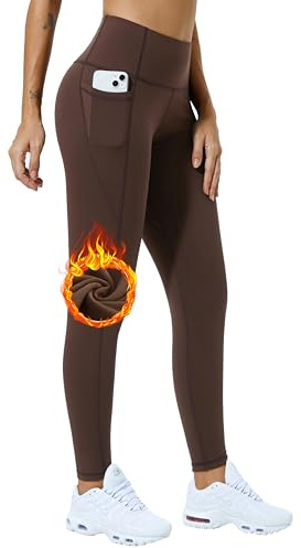 Enjoyoga Legging thermique pour femme avec poches [pour l'hiver] – Pantalon de sport taille haute Pantalon de course Pantalon de yoga Convient pour le sport et la vie quotidienne, marron, XL
