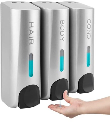 MEKOTRIN Dispenser di Sapone Liquido, Dispenser Manuale per Sapone da da 350 ml x 3, Dispenser da Parete per Disinfettante per Mani, Sapone, Shampoo e Balsamo per Bagno e Cucina, Argento