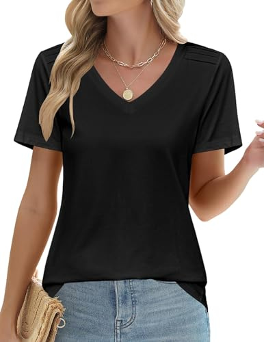 Zeagoo Verano Básico Tops Mujer Camisetas Lisas Informales De Cuello En V Camisetas Tipo Túnica Informales De Manga Corta Camisetas Plisadas Elegantes Camisetas Cortas De Verano Blusas Negro L