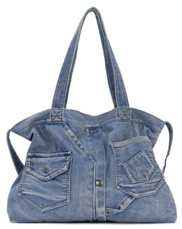 EVEOUT Denim Schultertasche Damen Vintage Denim Tote Tasche mit Schulterriemen Jeans Shopper Umhängetaschen für die Arbeit Urlaub Hochschule