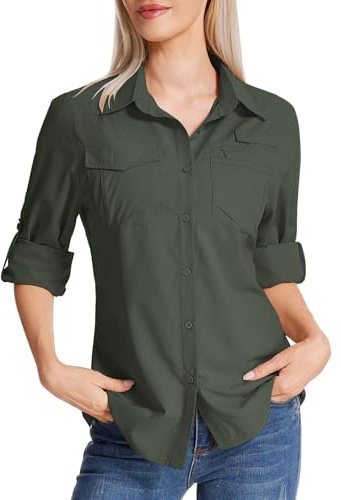 Faysfad Women's Safari Shirt UPF 50 UV Sun Protection Quick Dry Shirts Long Sleeve Hiking Walking Fishing Outdoor Travel(5081,Army Green,XL)