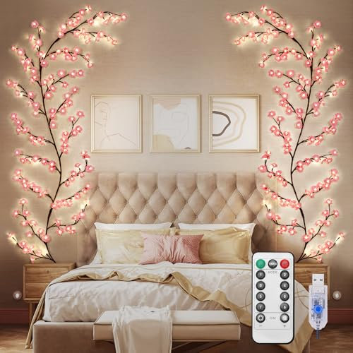 BomKra Catena luminosa con fiori di ciliegio, decorazione da parete, 144 LED, con telecomando, 8 modalità, timer USB, albero di ciliegio a LED, decorazione da parete (fiori di ciliegio, 96 LED)