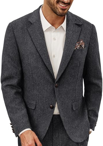 PJ PAUL JONES Giacca da uomo in misto lana Blazer Casual Giacca da abito Vintage in Tweed, Grigio scuro, M
