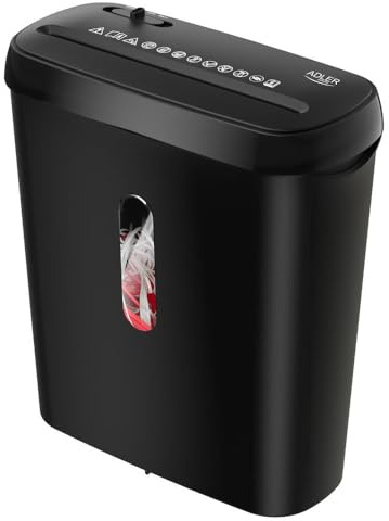 Adler AD 1039 Aktenvernichter – 6 Blatt Streifenschnitt P‑2, 8 L Auffangbehälter, automatische Start/Stopp, Rücklauffunktion, 70 dB, Überlastschutz – kompakt & schwarz