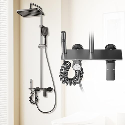 CALISTOUK 4 Modos Columna de Ducha con Grifo, Material de Aluminio de Aviación Sistema Ducha Lluvia Ducha Altura 65-105cm, ABS Rociador superior/Ducha de mano para Baño