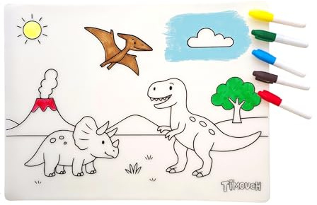 TIMOUCH – Set de table lavable à colorier – Silicone alimentaire réutilisable – Motif dinosaures – Nettoyage facile