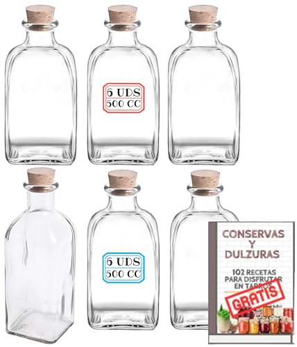 MundoTarros Pack 6 Frascas de Cristal con Tapón de Corcho Natural Varias medidas - Frascos Cuadrados Herméticos Rellenables y Reutilizables Resistentes para Bebidas, Aceite, Vino, Licor (500 ml)