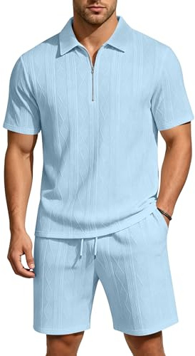 QAUN Men's 2 Piece Textured Polo Outfit, Short Sleeve Half Zip Collared Shirt and Casual Shorts Set, Summer Vacation Tracksuit for Men