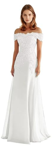 Vestido formal de gasa con hombros descubiertos para madre de la novia, con apliques de encaje | Vestido largo formal de fiesta de noche con apliques de encaje para invitada de boda