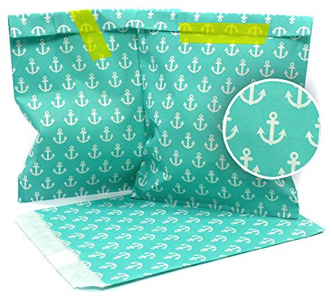 Frau WUNDERVoll® 25 PAPIERTÜTEN TÜRKIS, ANKER 13 x 16,5 cm, 45 Gramm Papier, flach / Candy Bar, Hochzeit, Kindergeburtstag, Papiertütchen, Candybag, Tüten, Mitgebseltüten
