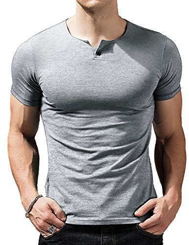 Mens Short Sleeve Cotton Muscle Slim Fitted Sport Henley T-Shirt with Button Grey M