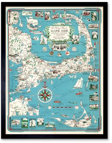 Artery8 Map Chase 1949 Cape Cod Nantucket Massachusetts Pictorial Art Print Framed Poster Wall Decor 12x16 inch