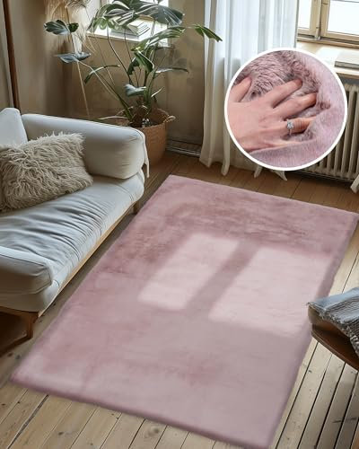 Qiyano Hochflor Teppich Rosa Pastell für Wohnzimmer aus Kunstfell weich Flauschteppich Fellimitat Flauschiger Soft Shaggy Kuschel Teppich Fellteppich (Imitat), Farbe: Rosa, Größe: 160 x 230 cm