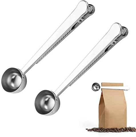 Cucchiaio Dosatore per il Caffè, 2 Pezzi Argento 2 in 1 Cucchiaini Dosatori per Caffè con Clip per Borsa in Acciaio Inox a Manico Lungo Cucchiaini Dosatori per Spezie Latte in polvere Caffè e chicchi