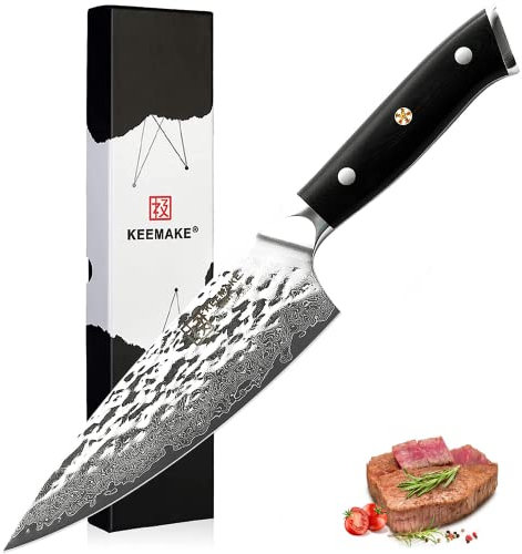 KEEMAKE Couteau Cuisine 16,5 cm, Couteau Japonais en Acier Damas 67 Couches, Couteau de Cuisine Professionnelle avec Boîte Cadeau, pour Viande et Légumes