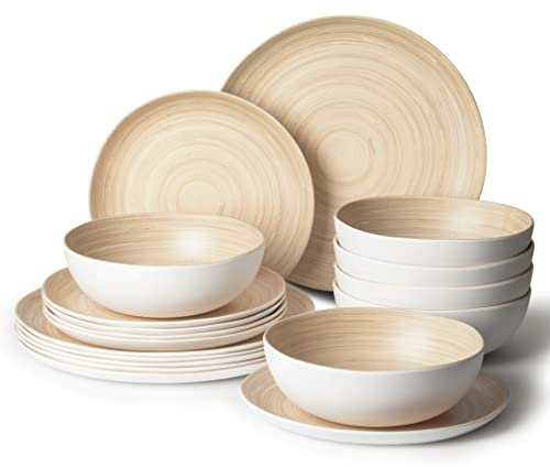 Joviton Home 18PCS Bamboo Swirl Melamine Plastic Dinnerware Sets for 6, Plates and Bowls Sets (Light Bamboo)