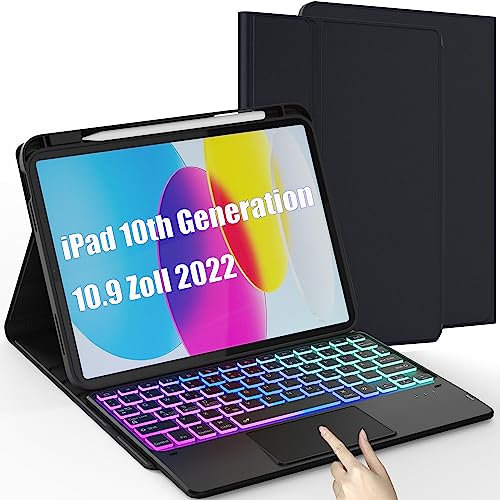Hülle mit Tastatur für iPad A16 11 Generation 2025/10. Generation 2022 (11/10.9 Zoll) - 3-Zone 7 Farben Hintergrundbeleuchtung Abnehmbare Trackpad Tablet Cover - QWERTZ Layout,mit Stifthalter