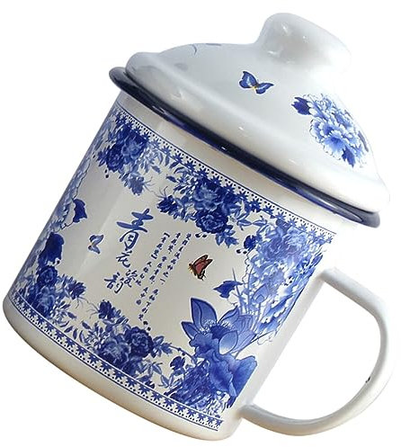 Yardwe Vintage Enamel Mug with Lid 23Oz Large Blue and White Porcelain Tea Cup Thick Retro Enamel Cup for Home Office Outdoor Use