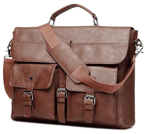 Läder messengerväska för män, vintage mäns laptopväska vattentålig affärsresa portfölj skolväska arbete datorväska, Brun – 15,6 tum, 15.7L x 12.2H x 5W, Budbärare