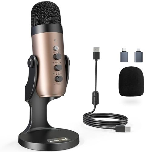 zealsound USB Microphone, k66 Gold Cardioid Condenser Mic for PC iPhone PS5 Phone Laptop, W/Noise Reduce/Mute/Gain, Plug & Play for Recording, Podcast, Gaming, YouTuber, TikTok Stream on Mac Android