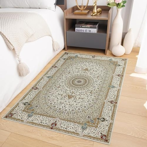 Imperial Rooms Machine Washable Bedside Small Rug 40x60 cm - Soft Short Pile Beige Area Rugs For Bedroom Entrway Non Slip Floor Carpet Traditional Vintage Cashmere Door Mat For Kitchen, Willow Beige