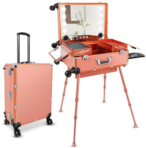 Aluminium Trolley Makeup Tågfodral med 8 LED-ljus 22'' Rolling Cosmetic Organizer Studiohögtalare Makeup Artist Fristående låda med spegel Makeup Vanity Station (Rose Gold)