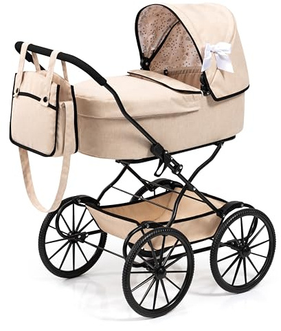 Bayer Design 14375AA Doll's pram nostalgic, doll stroller classic, with integrated basket, bag, Beige