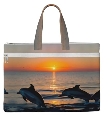 SDEGTHO Sunset Dolphins Zippered Document Bag With Handle For Carrying Paper Files Books Filing Folder