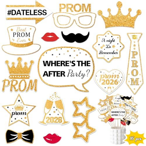 Embravfire 2026 Prom Photo Booth Props Kit Black Gold Photo Props with Moustache, Lipstick, Tie, Crown Glitter 2026 Prom Decorations for Graduation, Birthday, Wedding Party Photo Booth Props