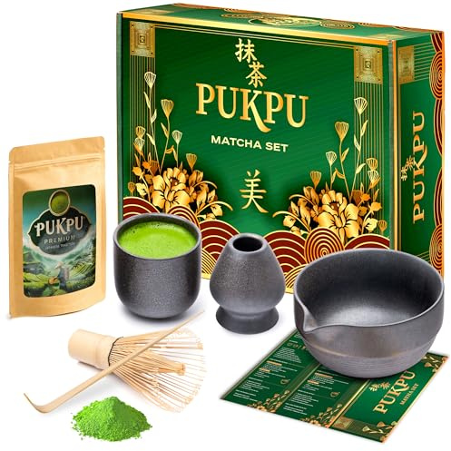 Pukpu Kit Matcha Traditionnel - Set Cérémonie Thé Japonais avec Thé Matcha en Poudre, Fouet Bambou Chasen, Cuillère Chashaku, Bol Matcha & Tamis - Coffret Cadeau Élégant pour Amateurs de Thé