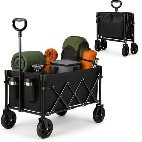Voyager 100L Heavy Duty Festival Trolley on Wheels, Collapsible Beach Wagon, Portable Camping Cart with Adjustable Handle, Foldable Outdoor Trolley, 80kg Capacity with Drink Holder, Black