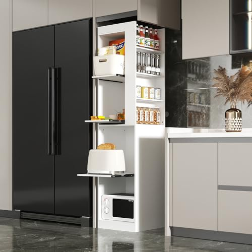 PREMTURE Tall Kitchen Cupboard, Slim Pantry Cabinet with 3 Sliding Drawer Panels, Freestanding Kitchen Storage Cabinet with Side Storage Rack, White, 41D × 41W × 172H cm
