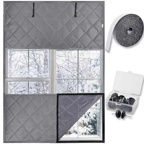 Rideau thermique pour fenêtre, isolation contre le froid, 120 x 160 cm, 3 couches, tissu Oxford et coton, avec fenêtre de visualisation, pas de perçage nécessaire, réutilisable, rideau de protection