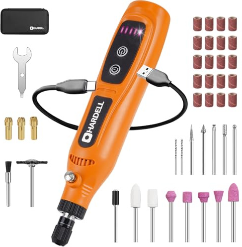 HARDELL Mini smerigliatrice a batteria da 3,7 V con 43 accessori, set di strumenti rotanti a 5 fasi, ricarica di tipo C, per incisione, levigatura, lucidatura, foratura, fresatura e piccoli lavori fai