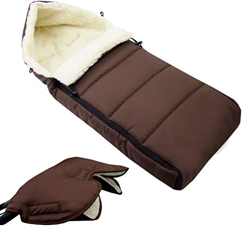 BAMBINIWELT KOMBI-ANGEBOT Muff + vinterväska 108 cm – av lammull för barnvagn, buggy, hjulberlock – ylle – LINIERT BRUN