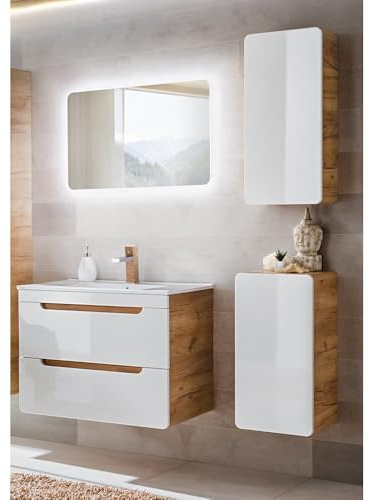 Ensemble complet de meubles de salle de bain blanc brillant avec chêne Wotan Nb., meuble sous lavabo de 81 cm avec lavabo en céramique, miroir LED de 80 cm, armoire suspendue, armoire basse, largeur x