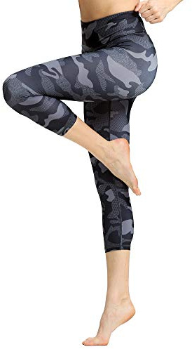 FLYILY Capribyxor sportleggings löpning tights hög midja bandage stretch fitness yogabyxor, 3-blackcamouflage, L