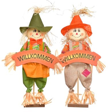 HEITMANN DECO Espantapájaros con Cartel de Bienvenida – Juego de 2 – Decoración – Naturaleza – para Colocar de pie – Naranja, Verde, 23 x 7 x 40 cm