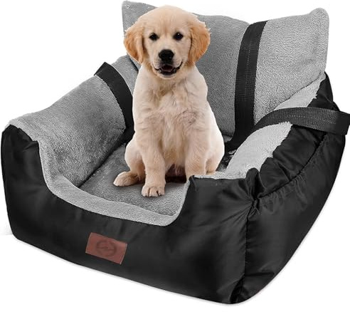 GoFirst Dog Car Seats for Small Dogs or Cats, Pet Booster Seat Travel Bed with Storage Pocket and Clip-On Safety Leash, Waterproof Warm Plush Dog Car Safety Seats,Black