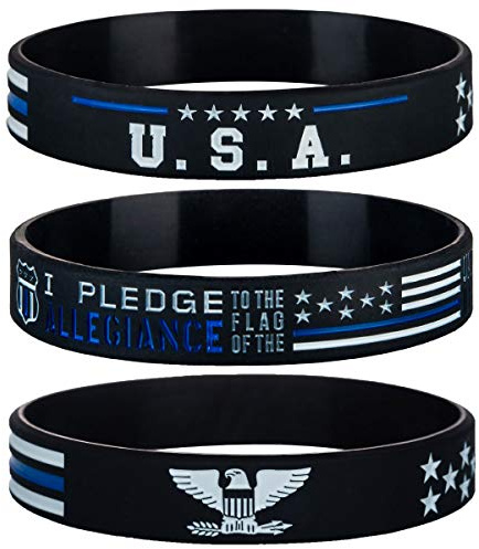 Sainstone Police Thin Blue Line American Flag Silicone Bracelets Set with USA Flag, Police's Prayer and American Power Eagle, Rubber Wristbands Gifts for Police Cops, Patriots, Men, Women (Unisex)