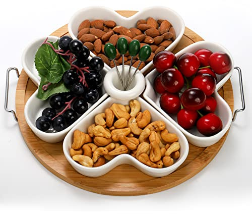 ZEAYEA 11 Inch Appetizer Serving Tray with Holder, Ceramic Divided Serving Platter with Food Picks for Christmas, Relish Tray for Chips and Dip, Veggies, Candy and Snacks, Parties, White