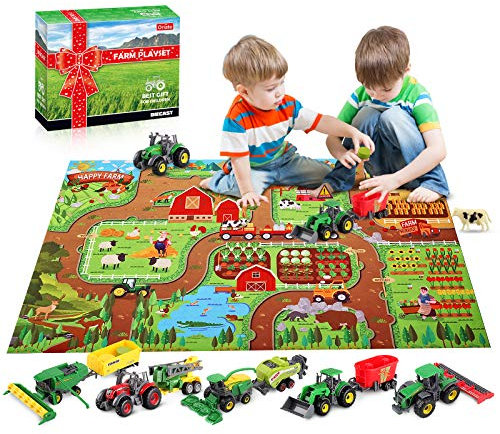 Oriate Bauernhof Traktor Spielzeug, Druckguss, DIY Fahrzeuge LKW Maschinen Spielset 38-teilig mit Nutztier, Realistisches Pädagogisches Farm-Set für Kinder, inklusive Mähdrescher, Anhänger, Kuh