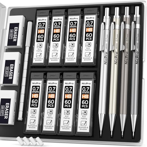 Nicpro 4 Stücke Druckbleistift Set, Metall Bleistifte 0.7 mm mit 8 Dosen Ersatzminen (HB), 3PCS 4B Radiergummis, Druckbleistifte für Kalligraphie, Skizzieren, Zeichnen